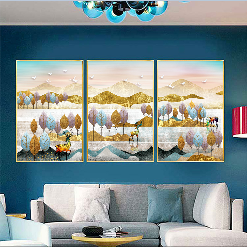 山水风景欧式复古发财树麋鹿装饰画插图