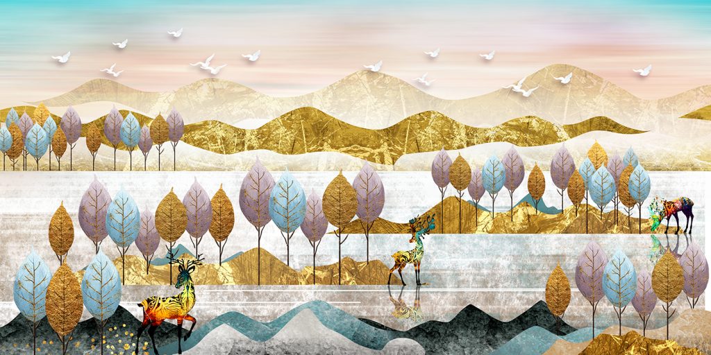 山水风景欧式复古发财树麋鹿装饰画插图1