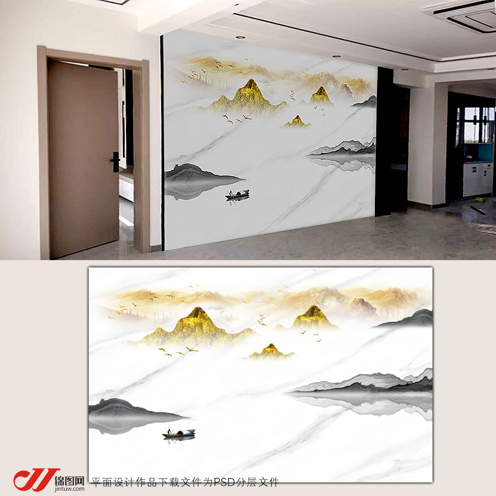 金色山水背景墙插图