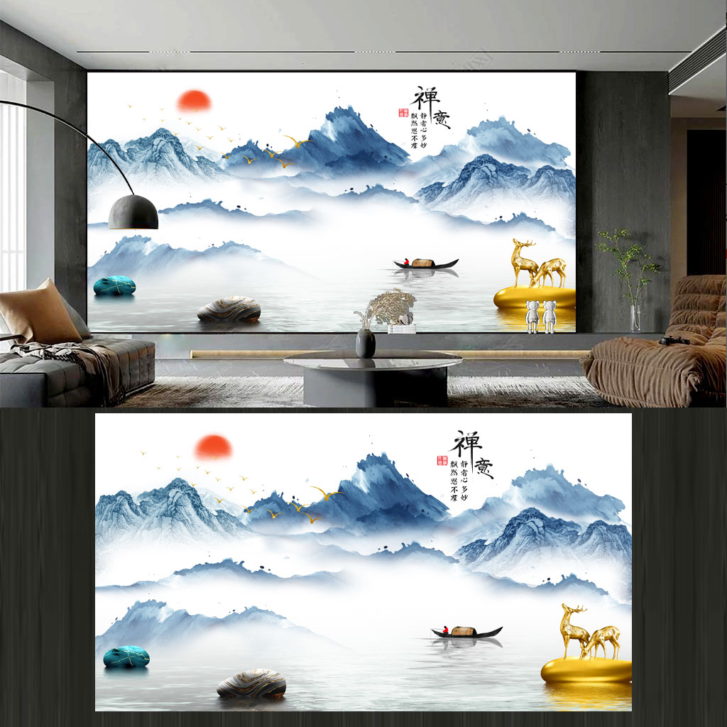 山水麋鹿背景墙插图