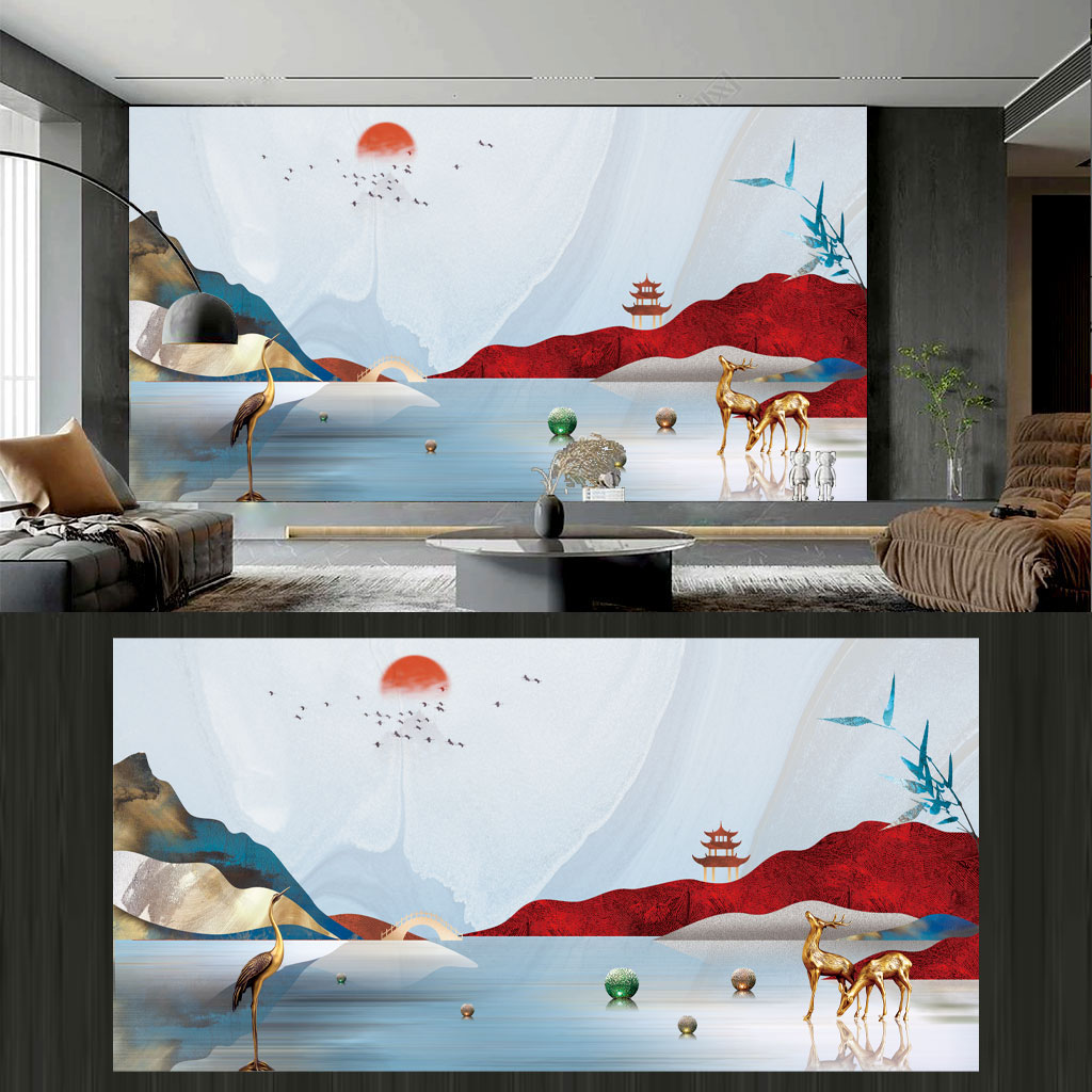 新中式山水背景墙插图