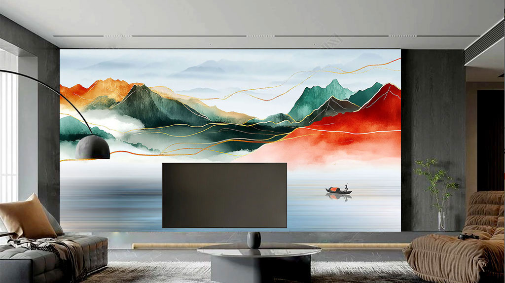 山水新中式背景墙插图2