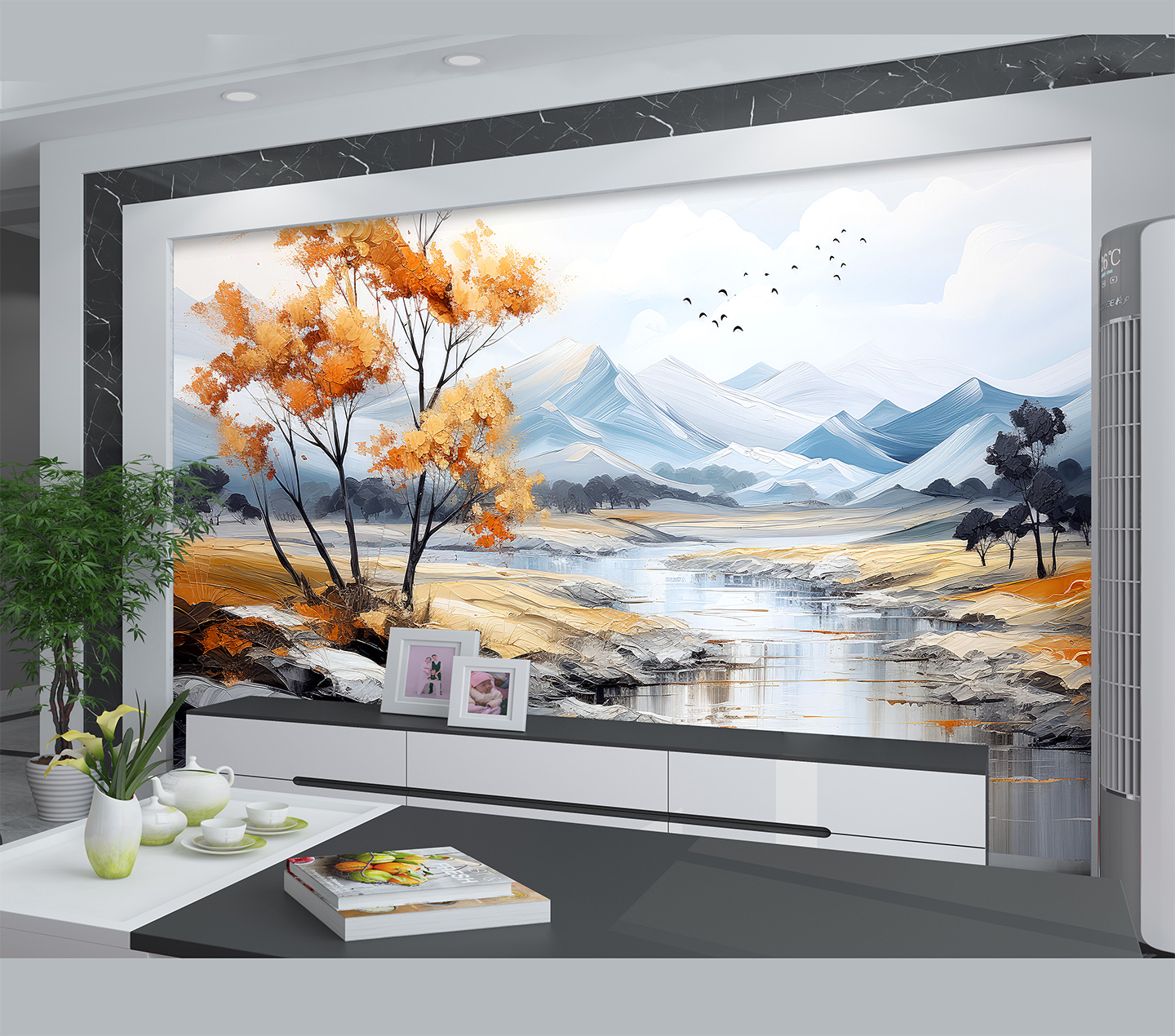 油画山水风景背景墙插图