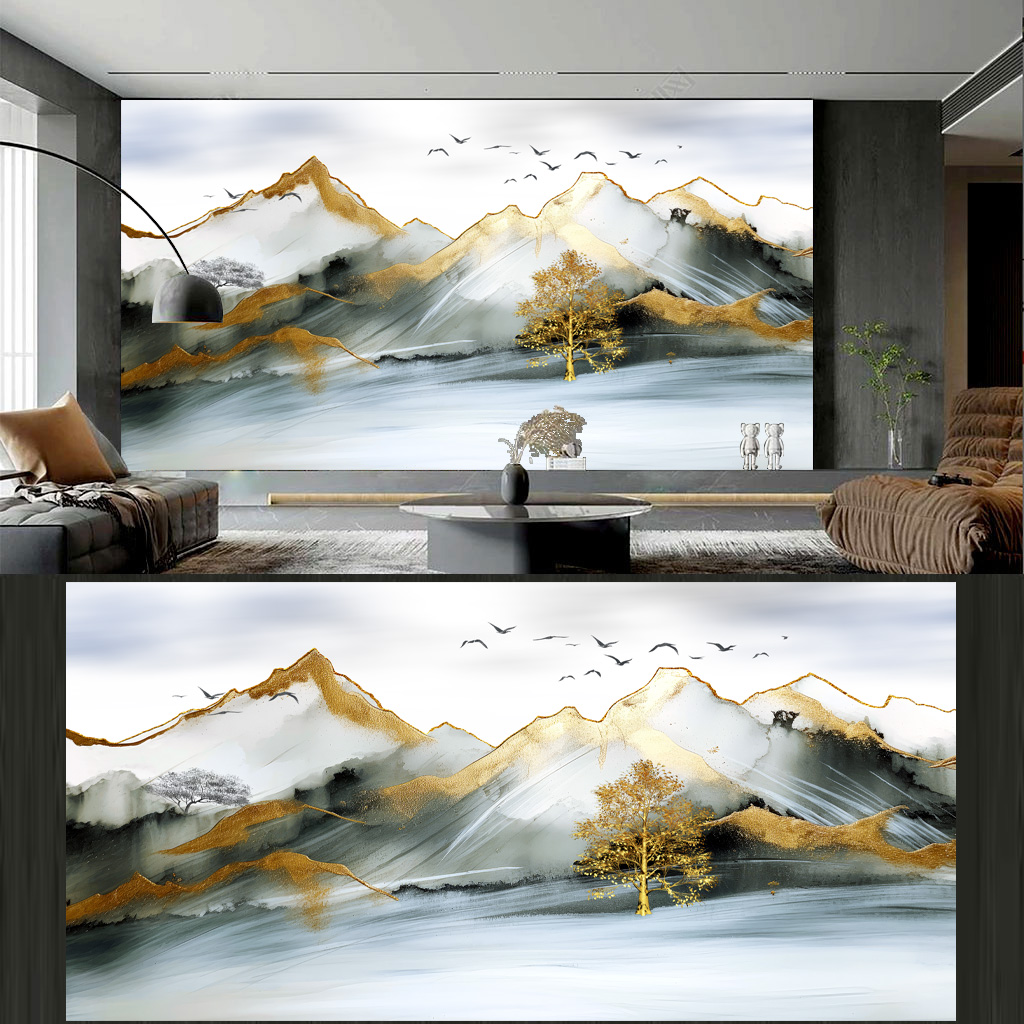 金色中式水墨山水背景墙装饰画插图