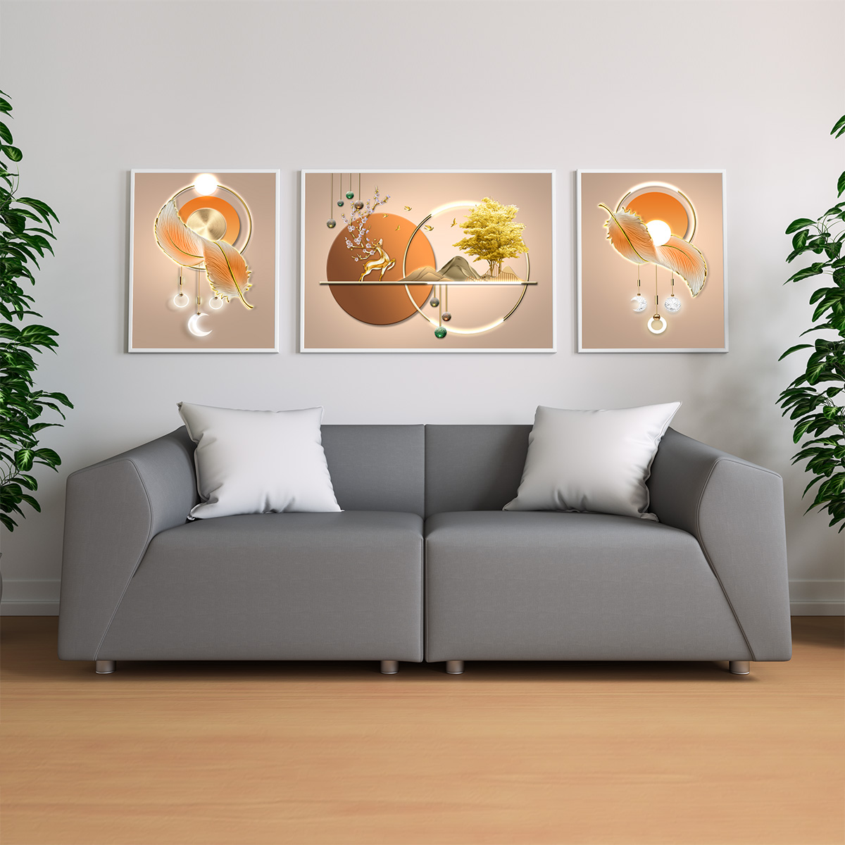 客厅装饰画三联画插图