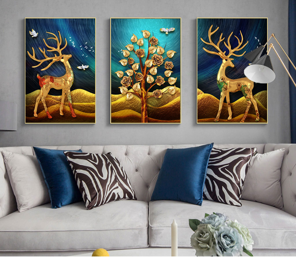 欧式3D立体麋鹿发财树现代简约三联装饰画插图