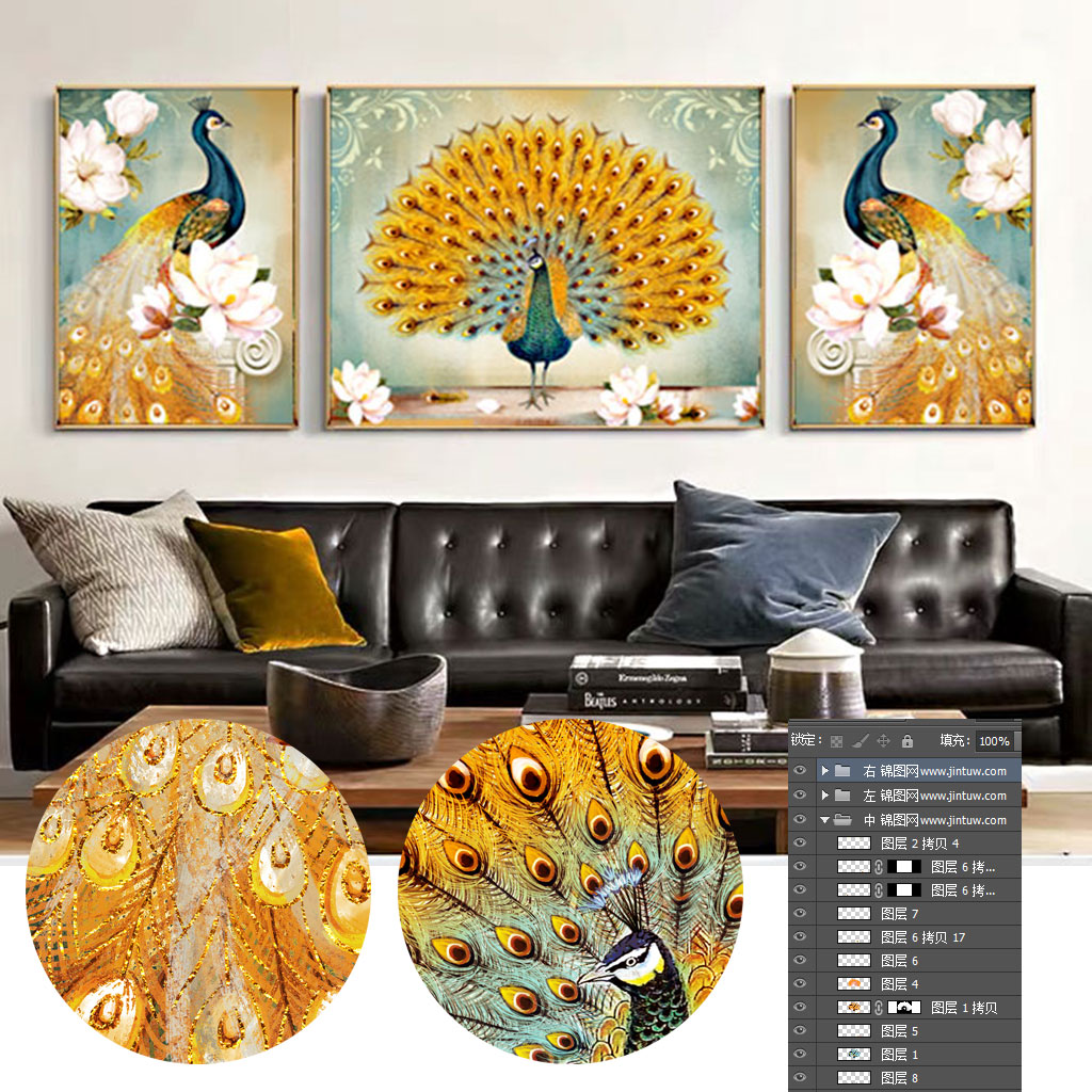 欧式复古孔雀花卉乡村抽象客厅装饰画插图