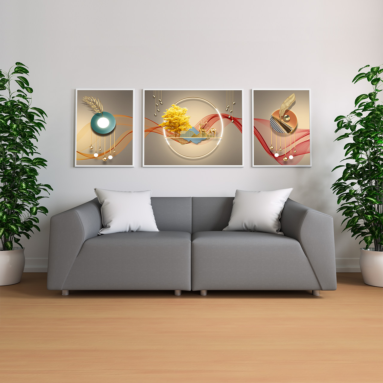 中式装饰画三联画插图