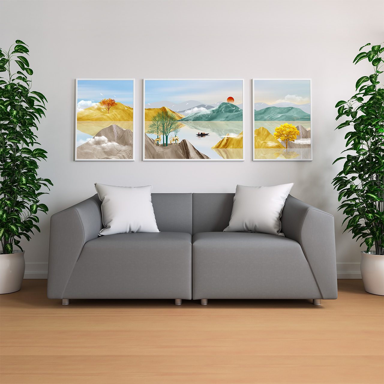 客厅装饰画三联画插图