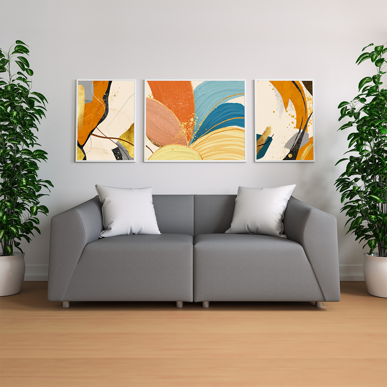 重彩叶子现代装饰画三联画插图