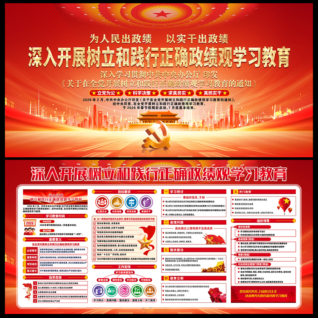 树立和践行正确政绩观学习教育党建展板高清正版设计素材