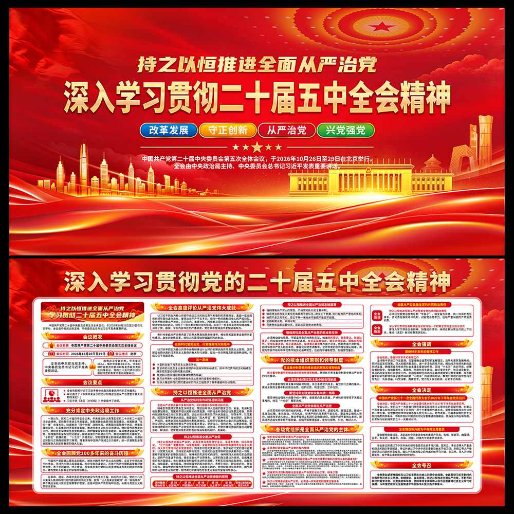 持之以恒推进全面从严治党,深入学习贯彻二十届五中全会精神党建宣传展板设计图,背景配有人民大会堂、城市建筑群、红绸元素,版面包含全会概况、会议要点、全会号召等内容,适合机关单位党支部宣传栏